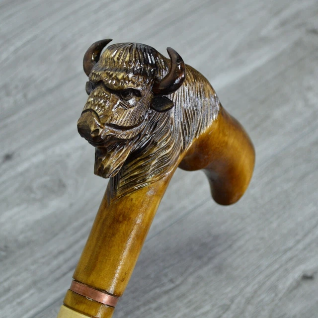 Bastone da passeggio in canna Legno intagliato a mano - Bufalo, Bisonte /...