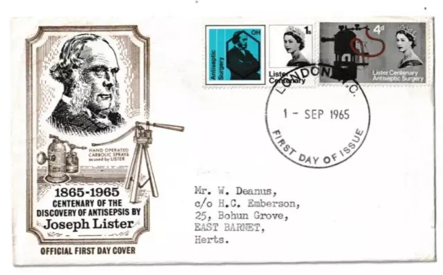 1/9/1965 UK GB FDC - Antiseptic Surgery - Joseph Lister - London WC FDI Postmark