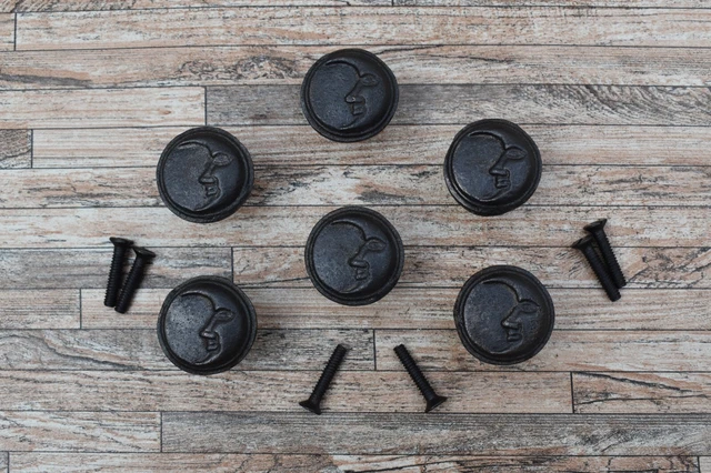 6x Vintage Cast Iron Knobs Moon Face Drawer Cabinet Door Kitchen Pulls Handles