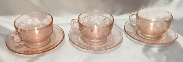Vintage Hazel ATLAS Pink Cloverleaf/Shamrock Depression Cup & Saucer (3 sets)