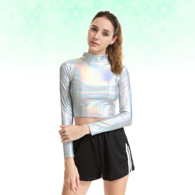 Top lucido in pelle PVC look bagnato per donna magliette a maniche lunghe bagnate