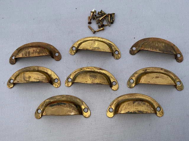 8 Antique Solid Heavy Brass Cup Drawer Bin Pulls - 3 1/4" On Center Holes 8 Antique Solid Heavy Brass Cup Drawer Bin Pulls - 3 1/4" On Center Holes