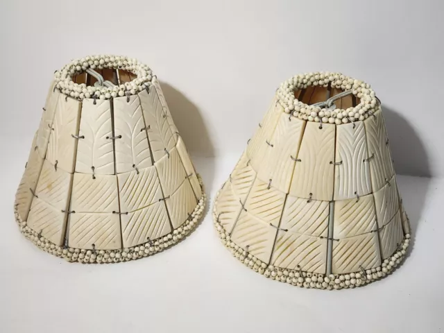 Lot of Two Small Hand Made Carved Tiles & BEAD Trim Clip-On  Lamp Shades