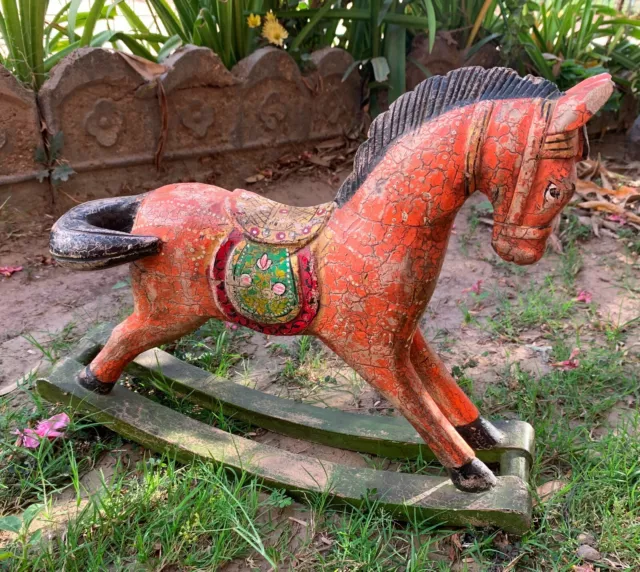 Madera Caballo Estatua Naranja Pintado Animal Figura Vintage Juguete para Niños