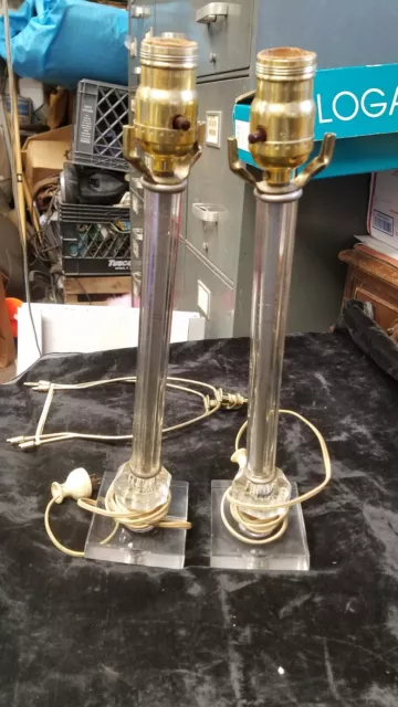 Pair Vintage Mid Century Clear Glass 16" Table Lamps Working With Finials