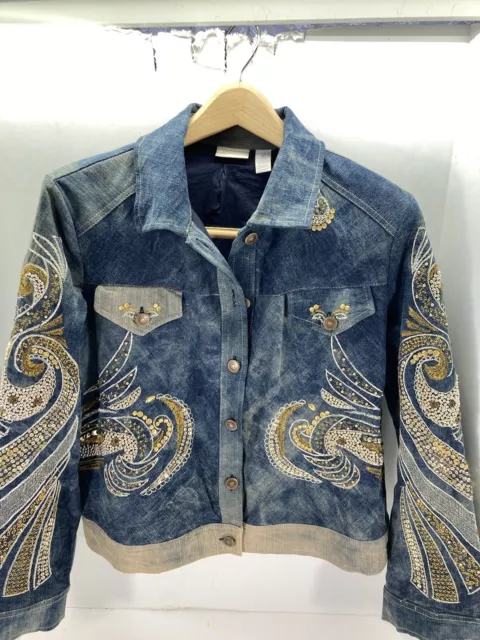 Chicos Denim Jacket Women Size Large Blue Gold Embroidered Bling Stretch Button