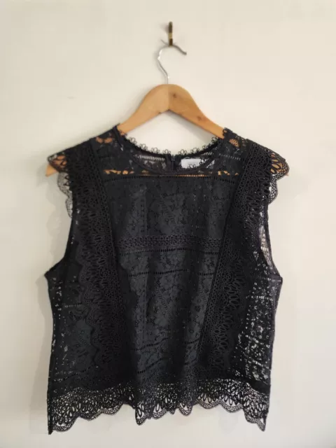 SILENCE & NOISE Label Women Size 14 Black Boho Peasant Broderie Blouse Top