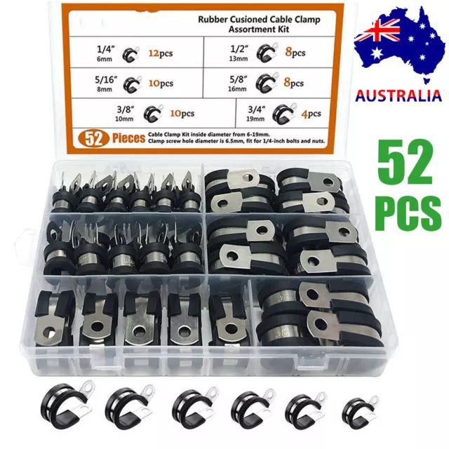 52pcs Rubber Lined P Clips Cable Hose Pipe Clamps Holder Air Clip Clamp Kit AU