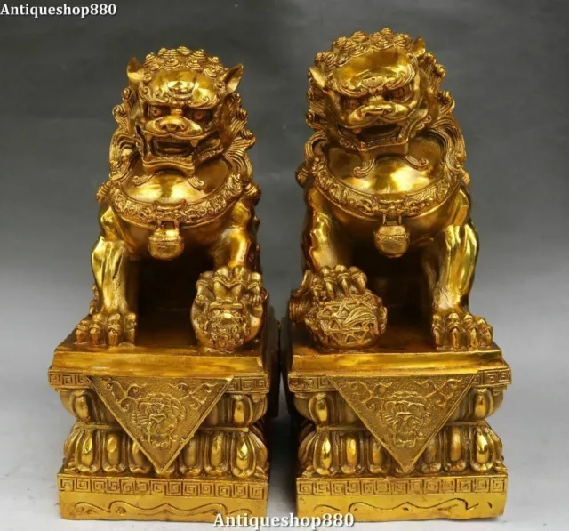 12" Chinese Bronze Fengshui Door Lion Fu Foo Dog Guardion Beast Statue Pair