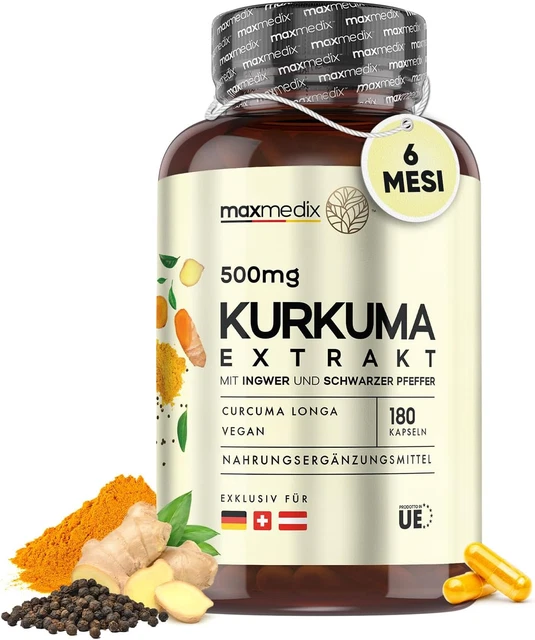 Curcuma Capsule Vegan (180) per 6 Mesi - Curcuma Piperina Zenzero Con Il 95% Di