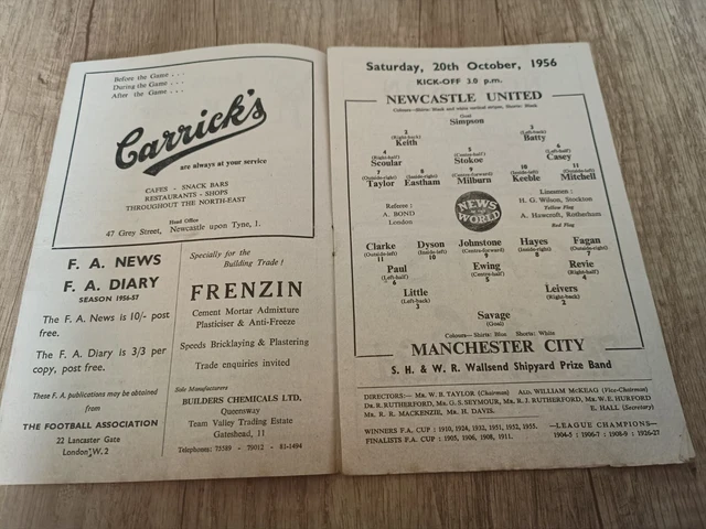 NEWCASTLE UNITED V Manchester City Div1 20/10/1956 £2.79 PicClick UK