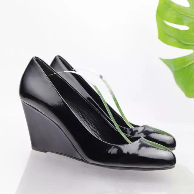 Via Spiga Women's Foster Pump Size 9 Black Patent Wedge Heel Dress Shoe Elegant