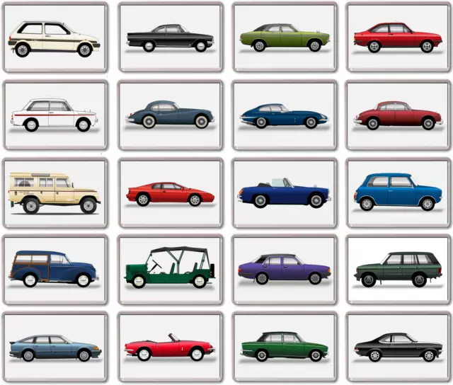 FRIDGE MAGNET - BRITISH CLASSIC CARS SELECTION - Large Acrylic, Vintage, Retro