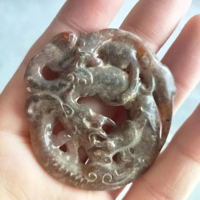 Antique Collect Chinese Old Jade Carving Two Sided Animal Dragon Pendant