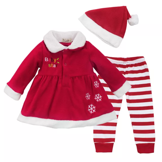 Toddler Baby Girls Christmas Outfits Dress Tops +Striped Pants+Hat Clothes Sets