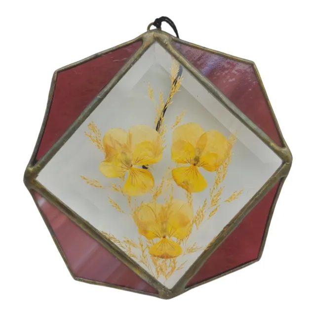 Pressed Flowers Stained Glass Suncatcher Ornament - 6" Beige Purple Cottagecore