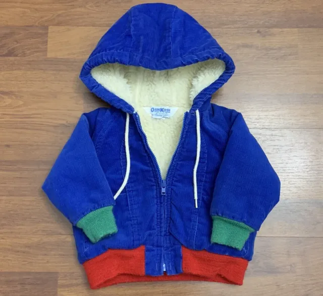 Vtg 70-80s OshKosh USA Made BLUE Corduroy Sherpa LINED Jacket COAT SZ 18 Months