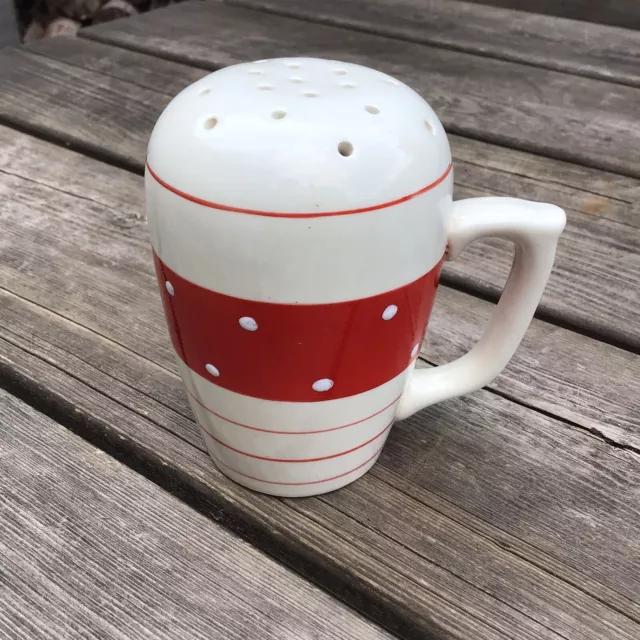 Vintage Retro Red & White Ceramic Striped Polka Dot Flour Dredger Sifter Shaker