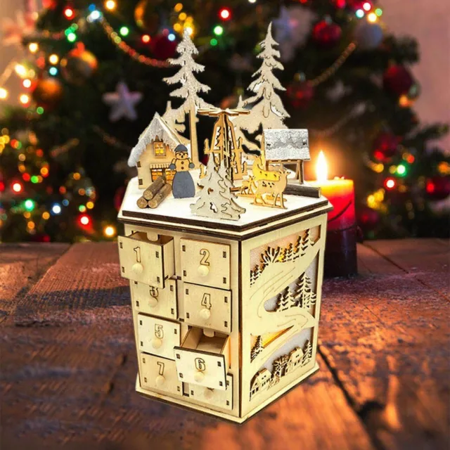 Clásica Navidad LED Caja de Música Giratoria Calendario de Adviento de Madera STOCK DEL REINO UNIDO