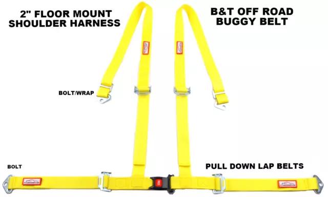 Racerdirect Yellow 4 Point Seat Belt Harness Pull Down Lap Floor Mount Bolt In