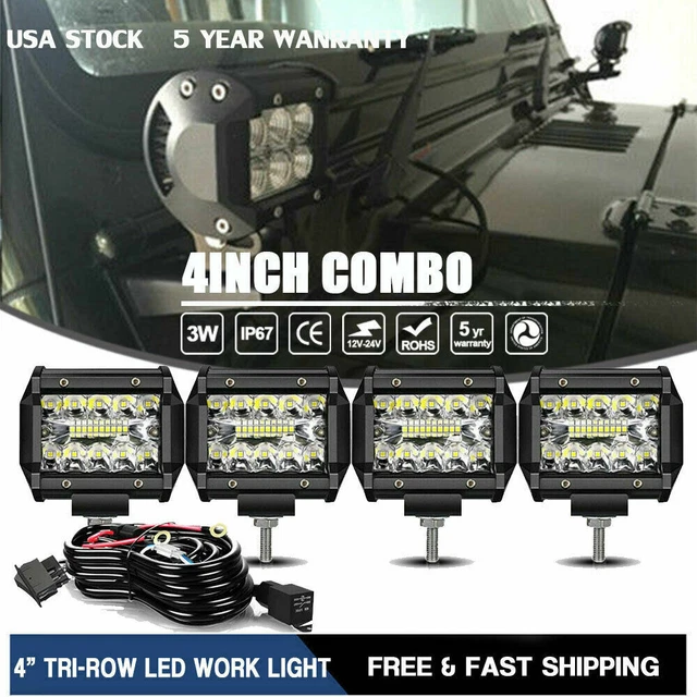 4x 4" LED Work Light Bar Spot Driving Offroad 4WD Truck 12V Fog Lamp 3-Row +Wire