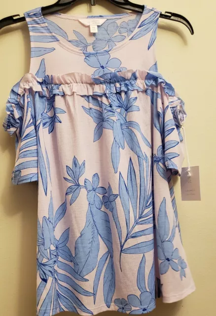 LC Lauren Conrad Womens Ruffle Cold Shoulder Top X Small Blouse Shirt Floral