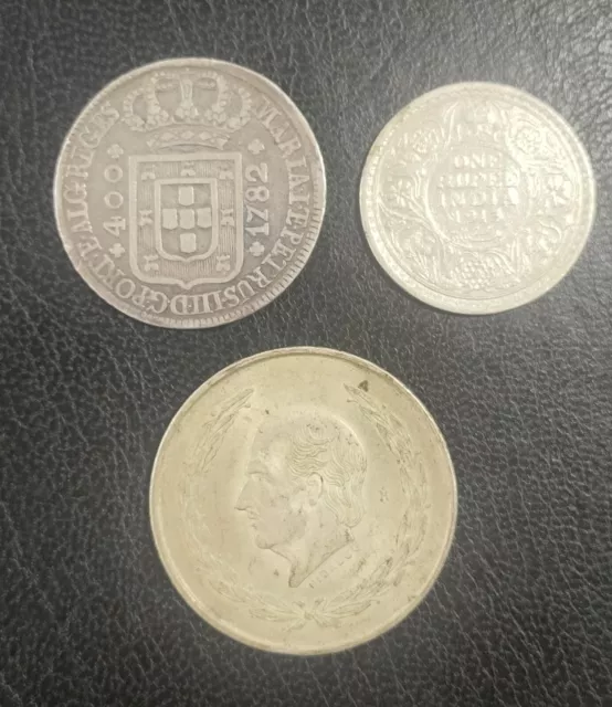 Lote De Tres Monedas De Plata. India, Portugal Y  Mexico