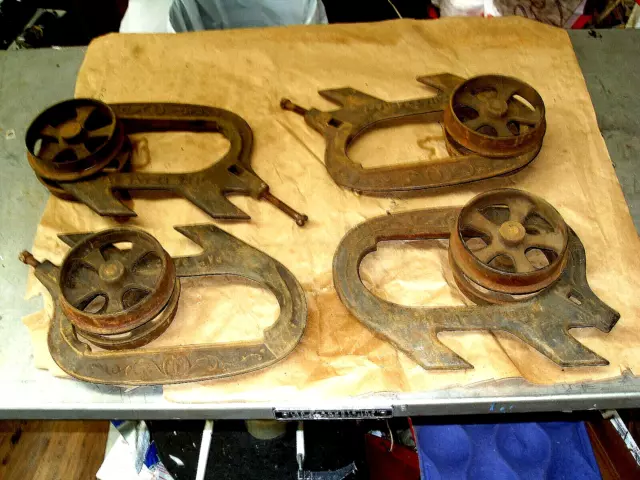 4 Patent Date May 24,1881 Antique Vintage Cast Iron DOOR TROLLEYS Wilcox Mfg. Co