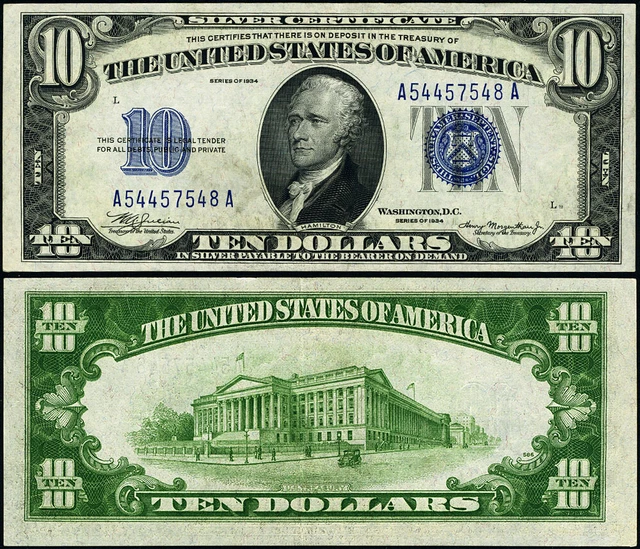 FR. 1701 $10 1934 Silver Certificate Mule A-A Block AU