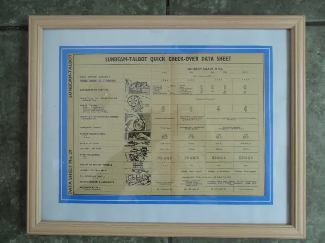 Sunbeam Talbot 10 Ten Hp Framed Original Data Chart 1936 - 1946 Pub Cafe Display 2