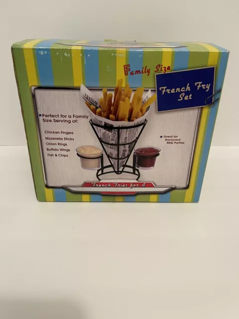 French Fry Cone Shape Metal  Basket Holder With 2 glass dip holders, 50’s style