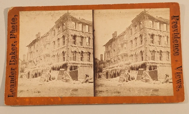 Providence Rhode Island Stereoview Photo Leander Baker Winter Building Fire