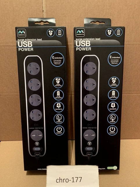 Nuovo con scatola Masterplug Surge protetto 4 prese 2 USB commutate 2M nero prolunga piombo1