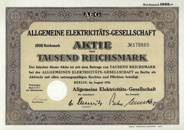 AEG Allgemeine Elektricitäts-Gesellschaft , 1936 (1 Aktie 1.000 RM) ungelocht