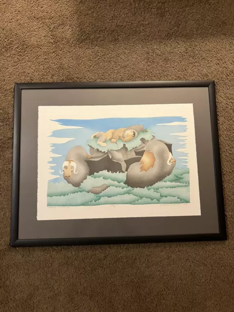 Inuit  Signed and Numbered Print by Mabel & Lucy Nigiyok 27” x 21” Framed