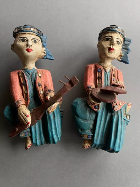 COUPLE de musiciens vintage, statuette en bois peint sculpté