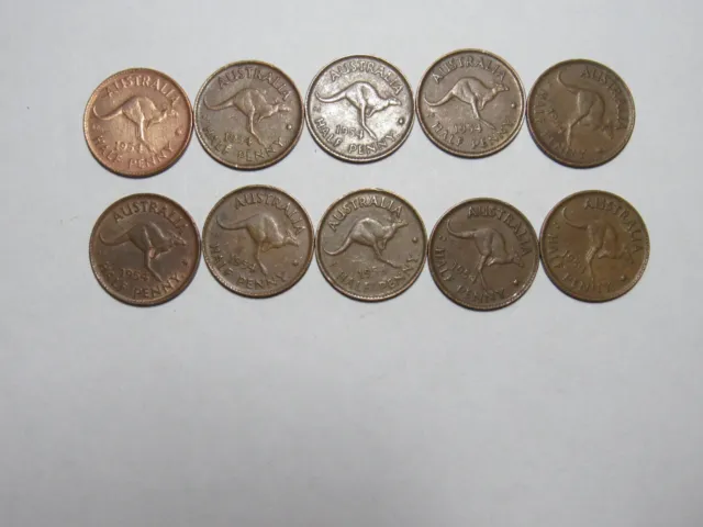 Lot of 10 Old Australia Coins - 1954 Half Penny Kangaroo - Circulated