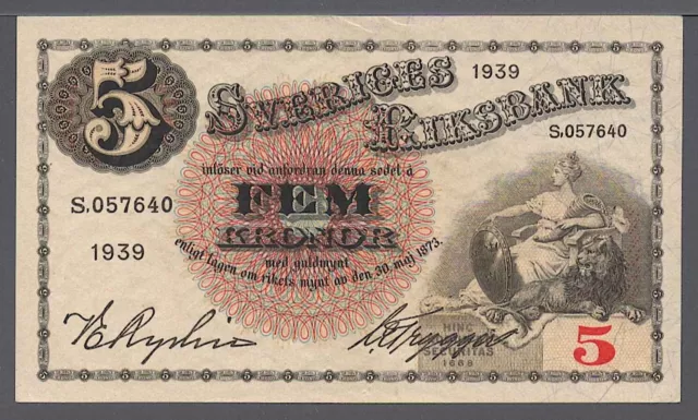 Sweden 1939 , 5 Kronor , Pick 33 , -UNC