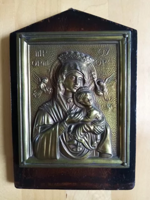 Ikone Wandrelief Bild Madonna Maria mit Kind Metall auf Holz