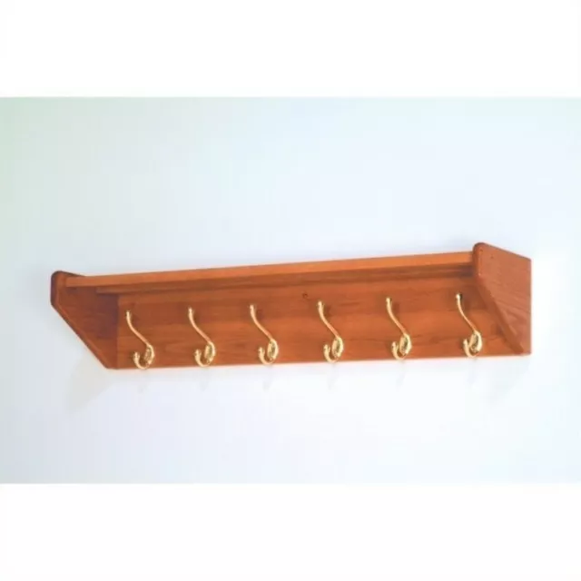 Wooden Mallet Hat and Coat Rack with 6 Brass Hooks in Medium Oak