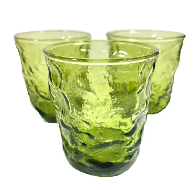 3 Anchor Hocking Milano Avocado Green Crinkle Glass Tumbler Juice Glasses 8 oz