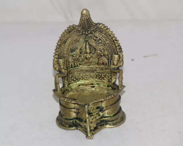 Old Brass Goddess Laxmi & Elephant Design Embossed Oil Lamp 10701 2