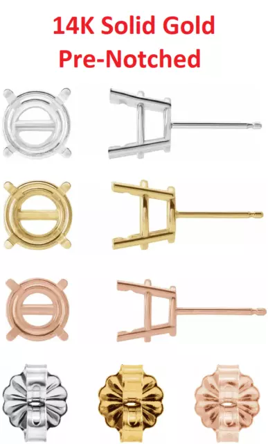 14K Gold Round Pre-Notched Stud Earring Basket Mount Setting Friction - 1 Piece