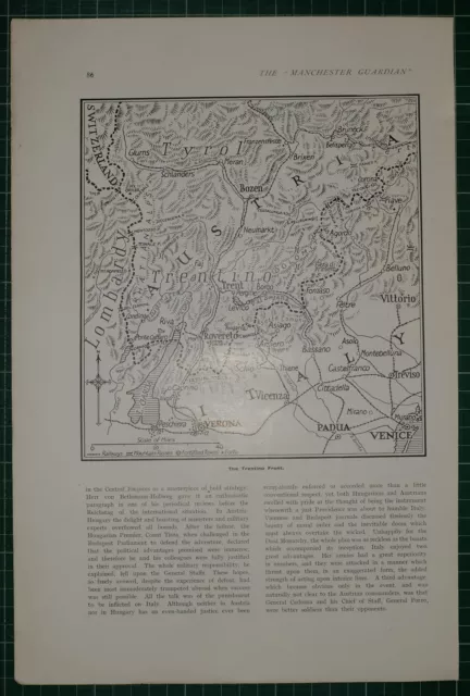 1916 Wwi Ww1 Print ~ The Trentino Front Map ~ Padua Venice Lombardy Austria