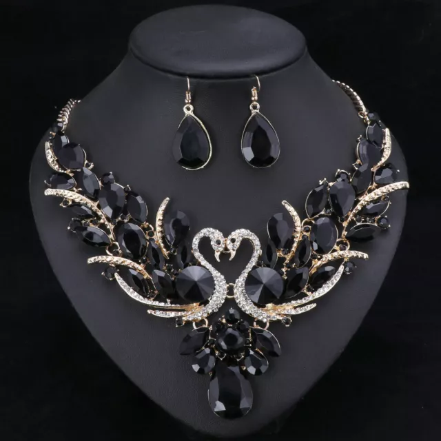 Black Crystal Bridal Jewelry Sets Swan Pendant Necklace Earrings Set For Women
