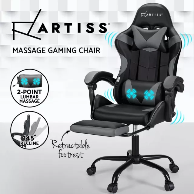 Artiss Massage Gaming Chair 2 Point Office Chairs Leather Recline Footrest Grey