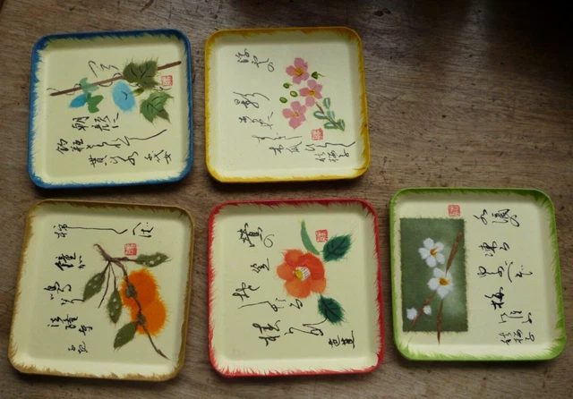 Japanisches Dekopapier Bastelteller x5, Chigiri-e? Washi? "mit Haiku, 4,25"