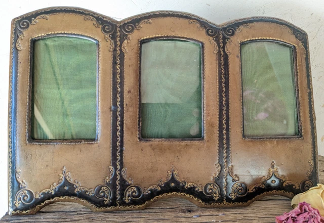 Nice Original Antique Leather Triple Picture Frame