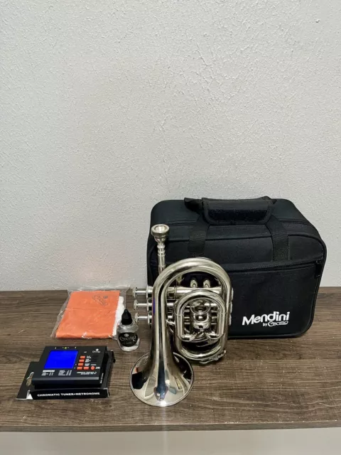 Mendini By Cecilio Silver Pocket Trumpet With Case And Tuner WORKS