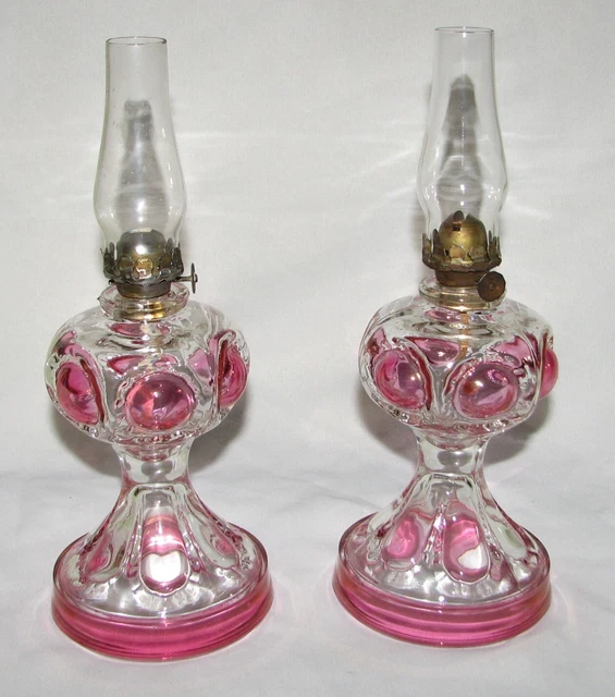 2 Vintage Ruby Red Flash Bullseye Miniature Oil Kerosene Lamps Complete
